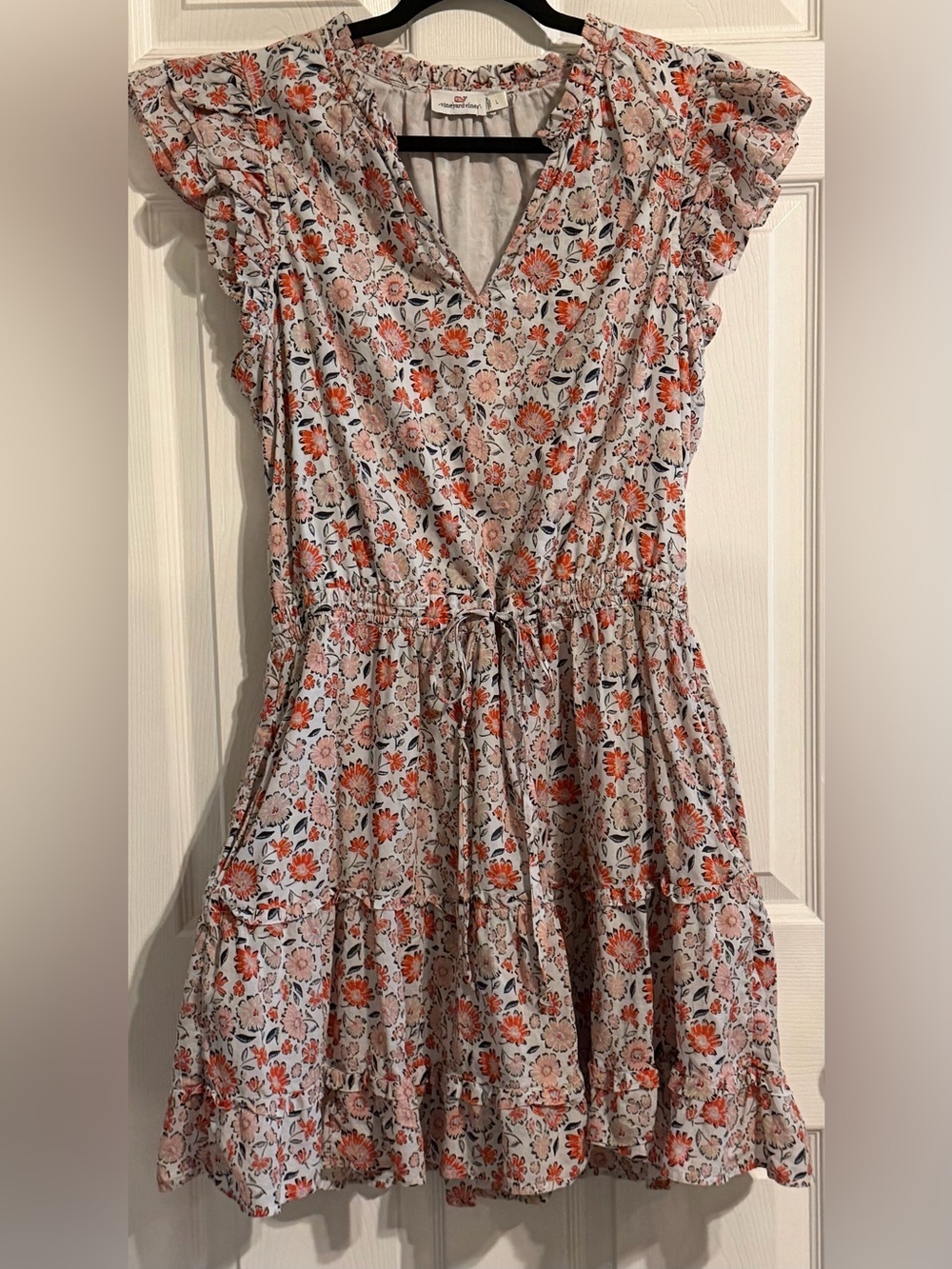 Vineyard Vines White Cotton Lined Dress with Subtle Floral Trim
